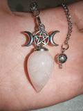 Rose Quartz Triple Moon Pentacle Gemstone Dowsing Pendulum with Silver Tone Chain