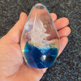 Handcrafted Art Glass Egg Paperweight | Ocean Blue Ribbon Swirl with Gold. Design #6 | 330g