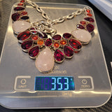 Vintage 925 Sterling Silver Rose Quartz & Multi Coloured Gemstone Statement Necklace