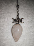 Rose Quartz Triple Moon Pentacle Gemstone Dowsing Pendulum with Silver Tone Chain