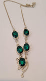 Vintage 925 Sterling Silver Emerald Green Crystal Drop Necklace Statement Pendant