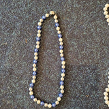 Vintage Style Blue Silver Faux Pearl Knotted Necklace Rhinestone Box Clasp